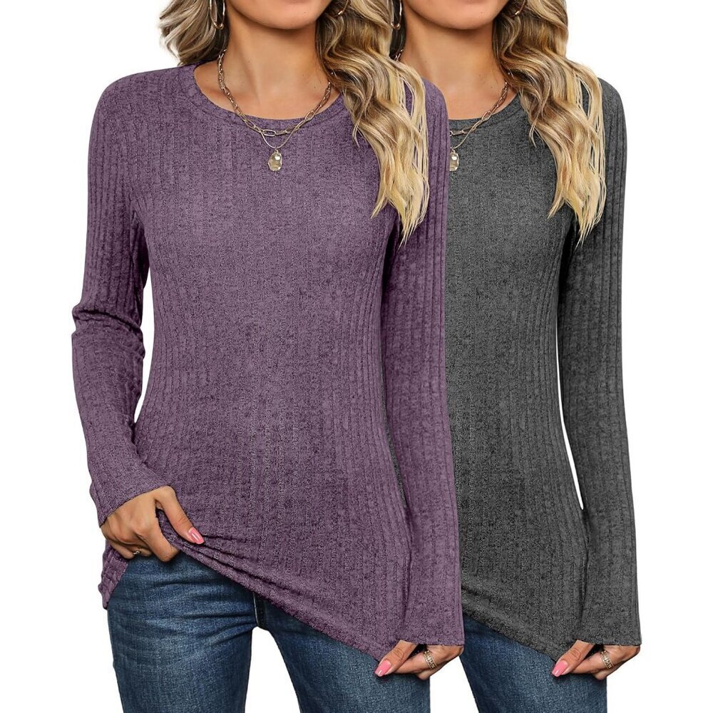 2 Pack Women's Sweaters Fall Long Sleeve Knit Tunic Tops Crew Neck